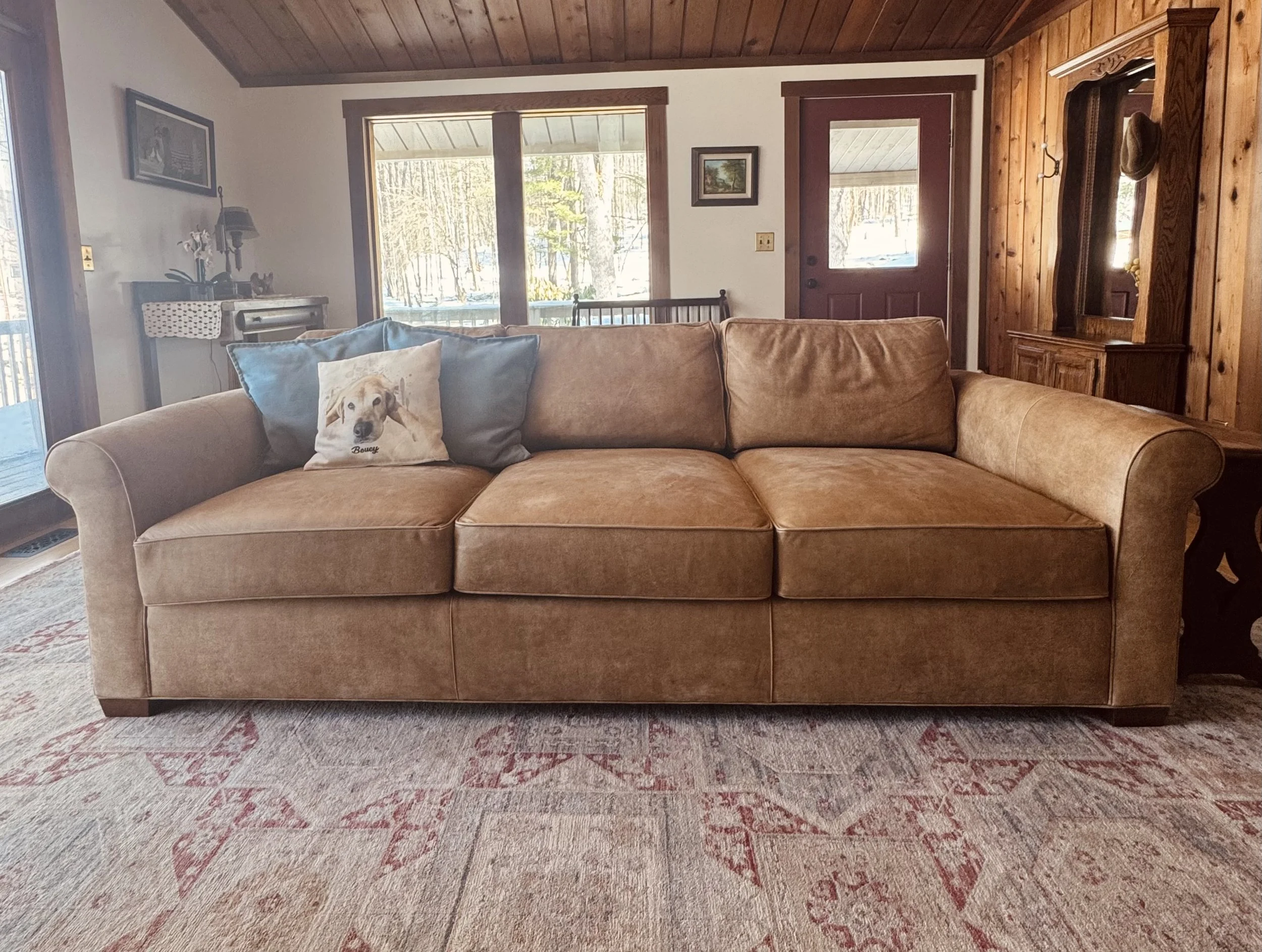 camel leather distressed couch relaxed living room