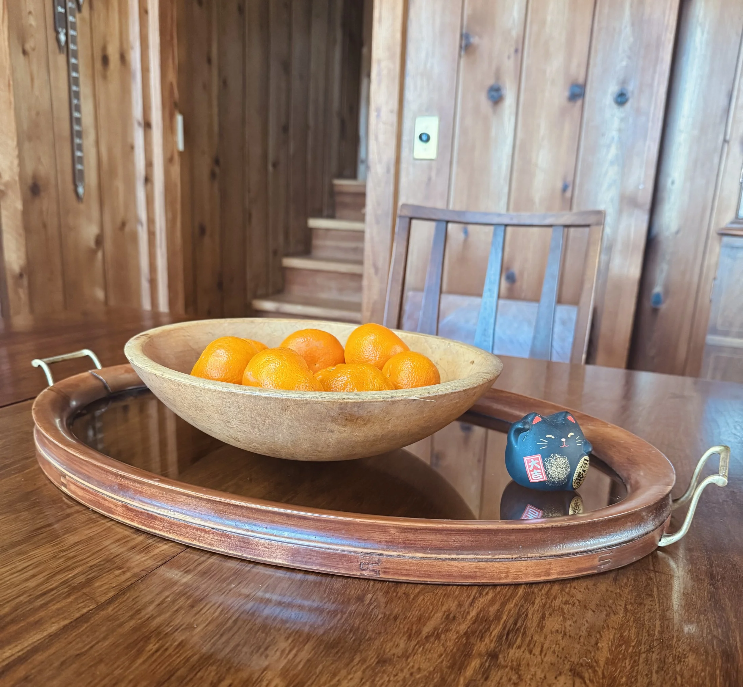 primative wooden bowl japanese good luck cat vintage glass wood serving tray