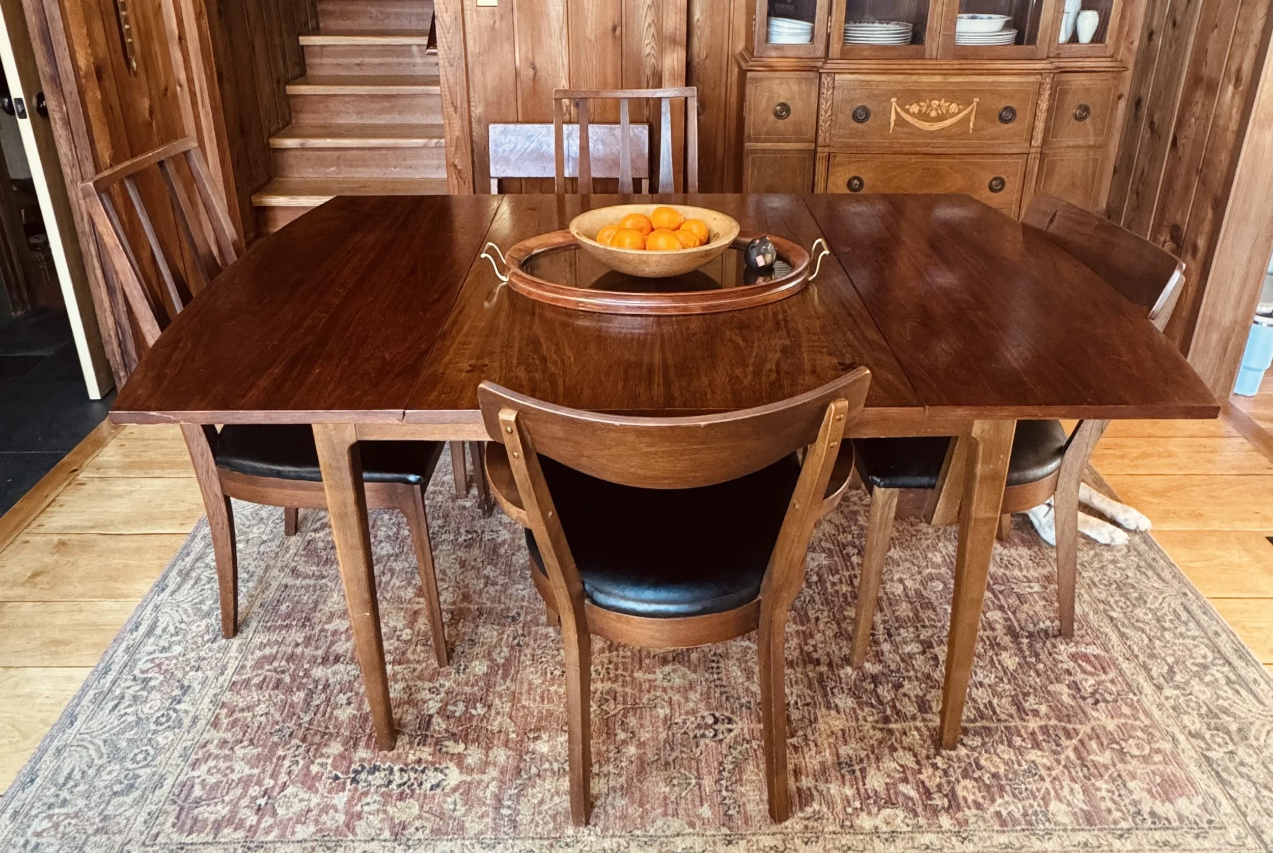 MCM walnut minimalist vintage antique dining room table leather seat chairs