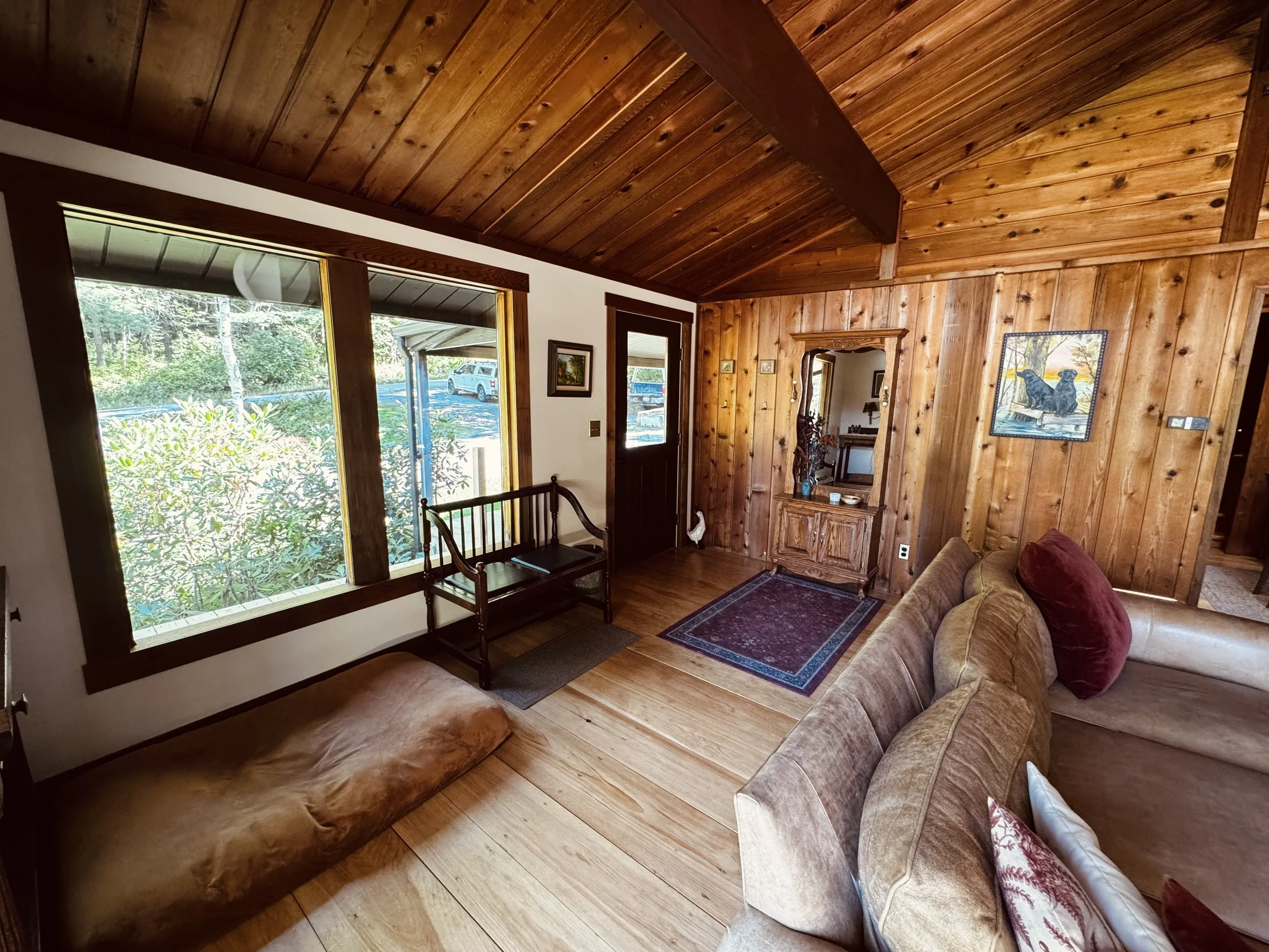 living room entrance mcm ski chalet after stowe vermont