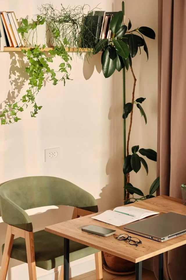 A cozy home office with a wooden desk, green upholstered chair, open notebook, eyeglasses, closed silver laptop, and a small gray external hard drive. In the background, there's a tall plant with broad leaves, a floating shelf with books and greenery, and a curtain on the right side.