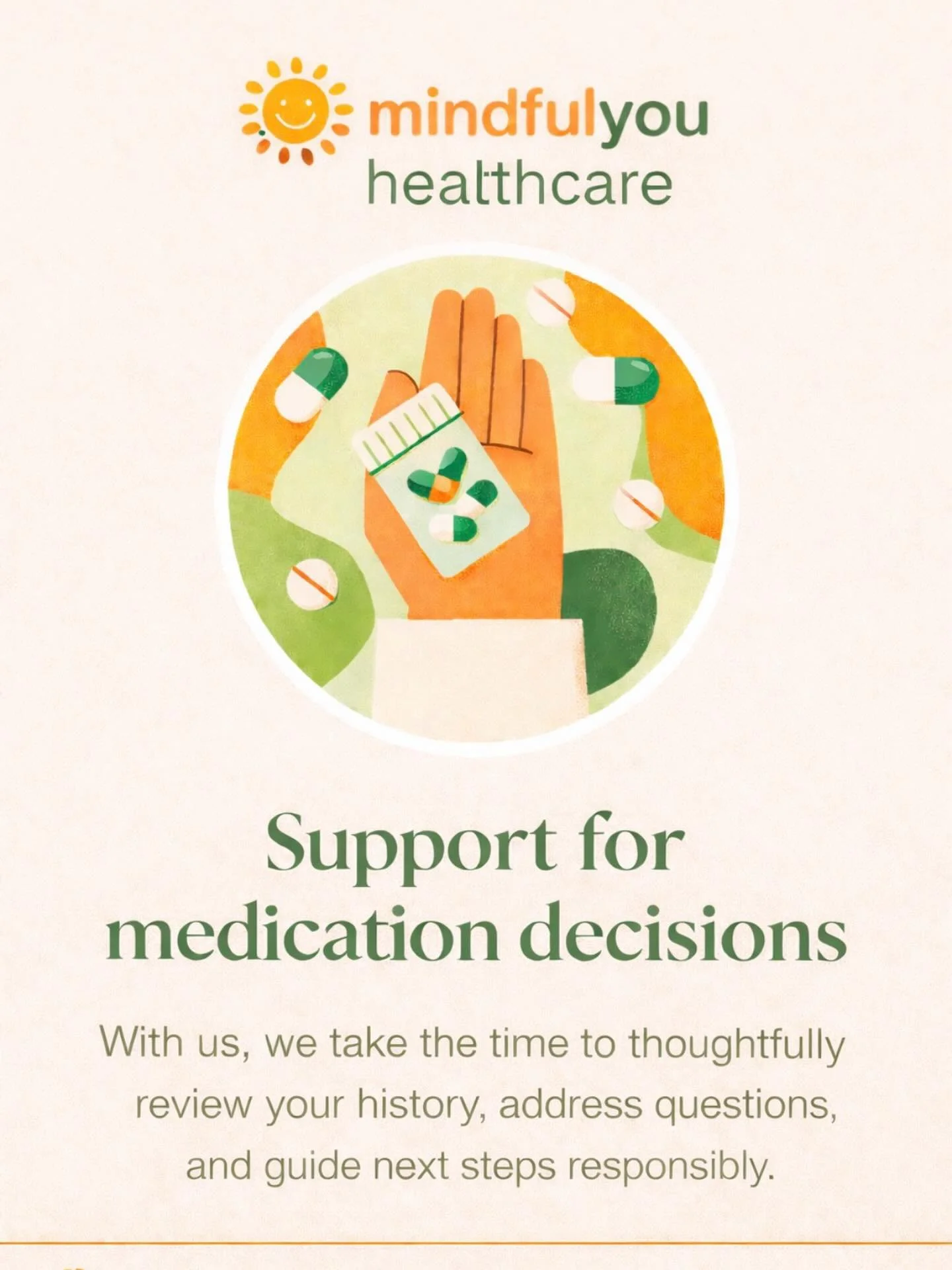 Medication decisions shouldn&rsquo;t feel overwhelming. 💊 At MindfulYou Healthcare, we take the time to review your full history, answer your questions, and guide your care, every step of the way.
Personalized. Thoughtful. Responsible. That&rsquo;s 