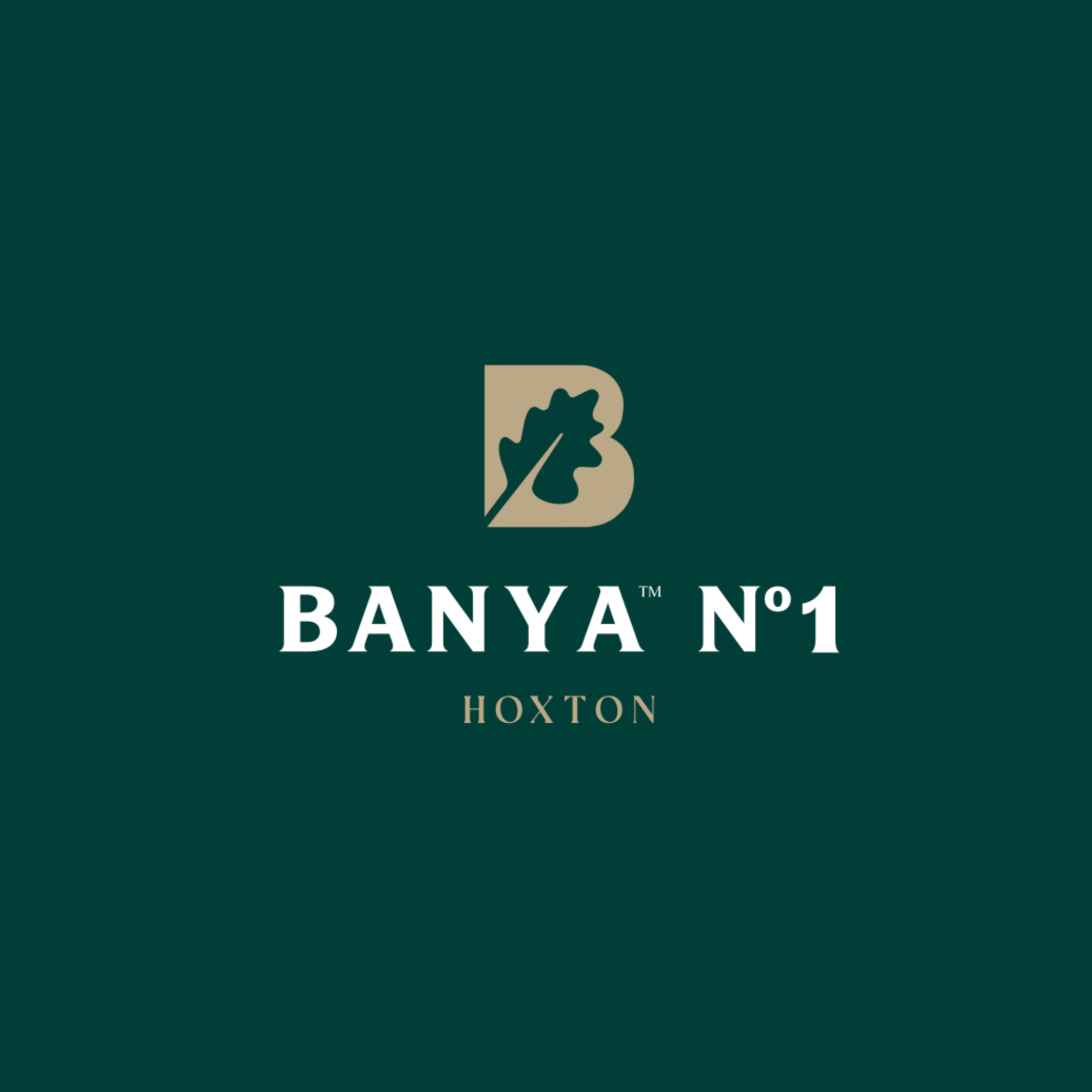 Banya No. 1 Hoxton logo with a beige leaf and 'Banya No. 1' and 'Hoxton' text on a dark green background.