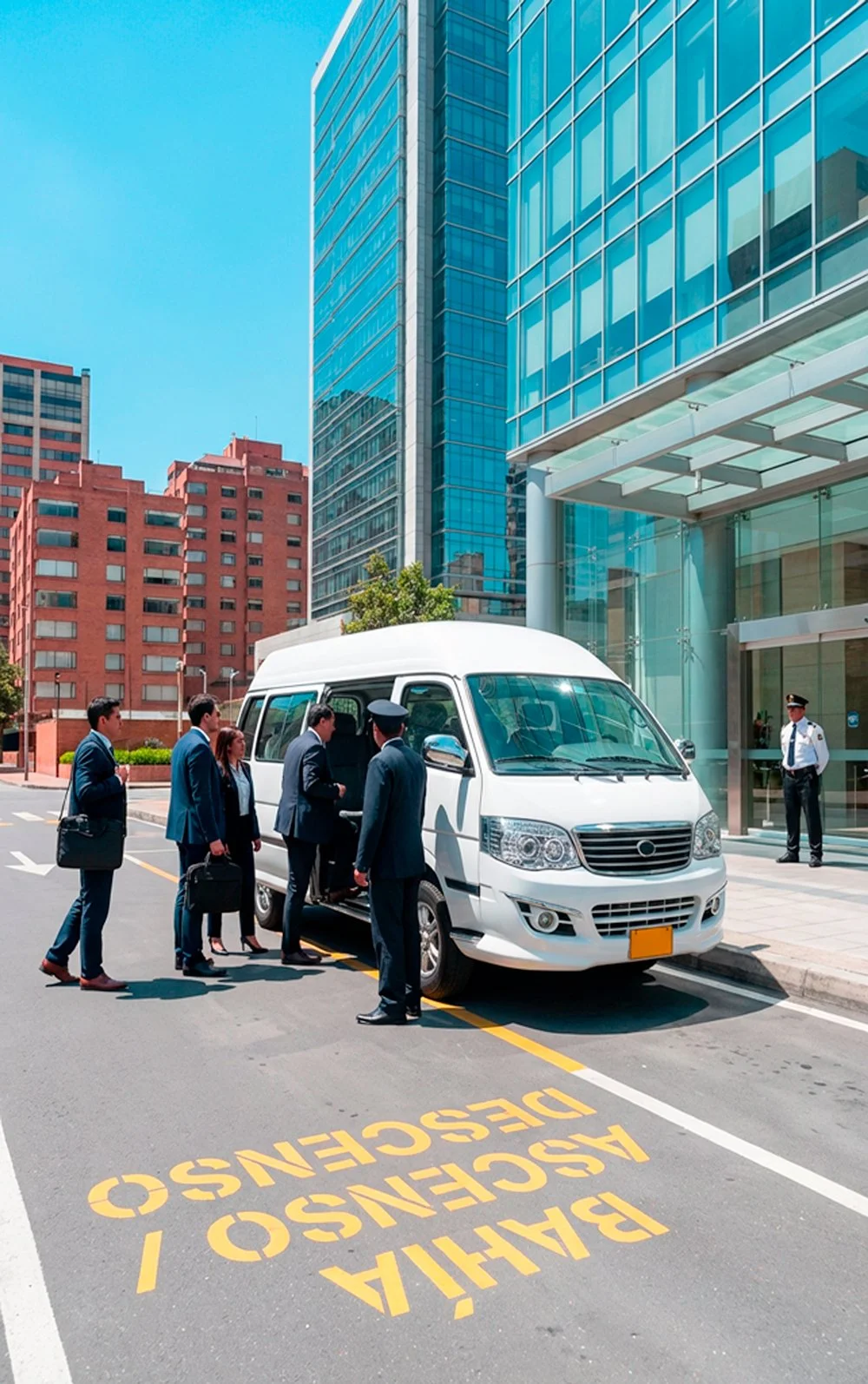 Varios ejecutivos de negocios abordan una van blanca frente a un edificio moderno de oficinas en una ciudad con edificios altos y cielo despejado.