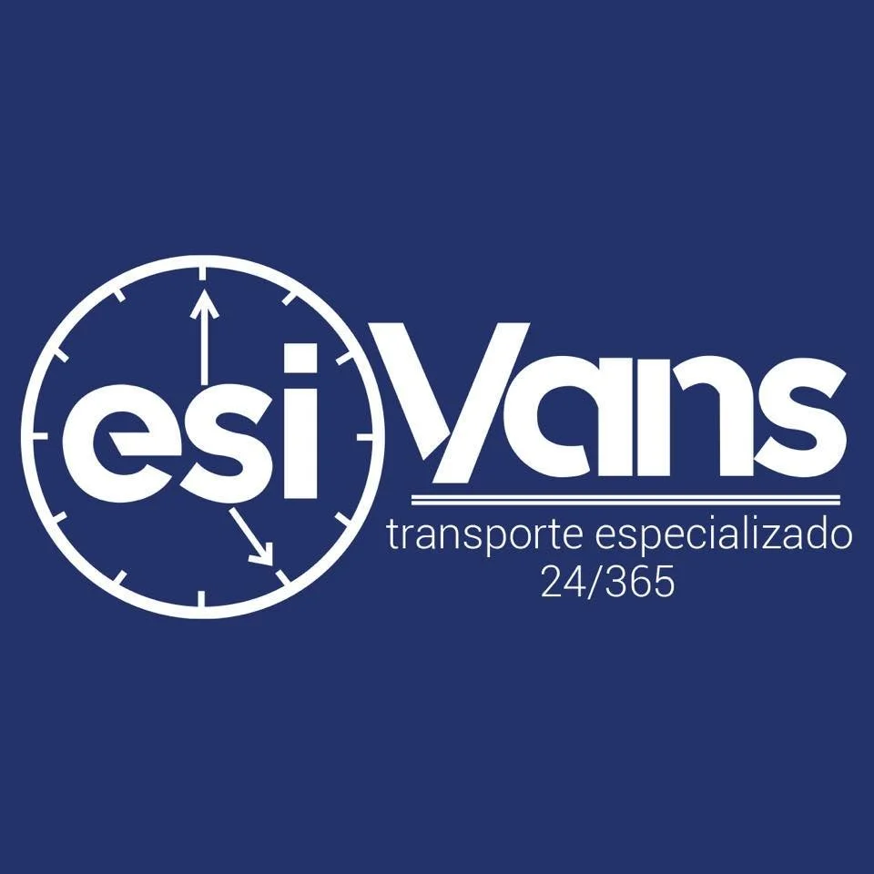 Logo de empresa de transporte llamado 'esivans', con un reloj y texto que dice 'transporte especializado 24/365' en fondo azul.
