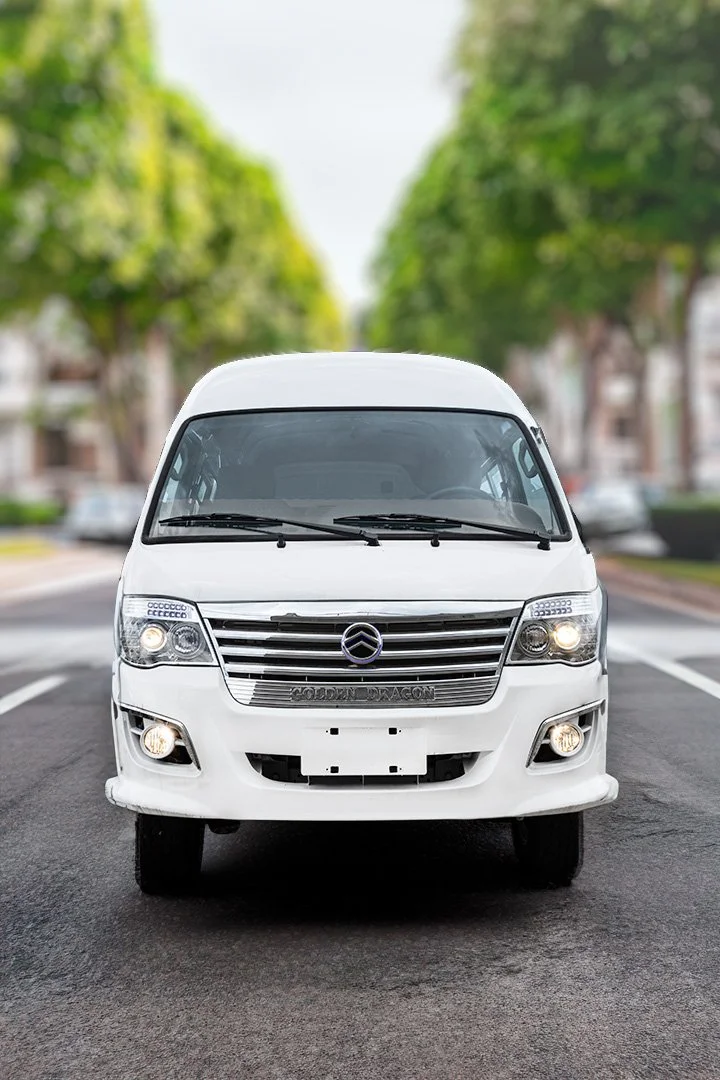 Auto blanco en una calle con árboles verdes a los lados, vista frontal.
