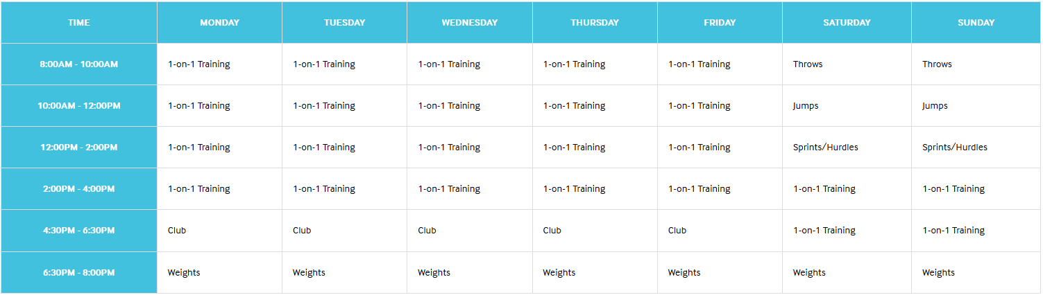 Weekly fitness class schedule with time slots from 8:00 AM to 8:00 PM, including activities such as 1-on-1 training, throws, jumps, sprints/hurdles, club, and weights, organized by days of the week.