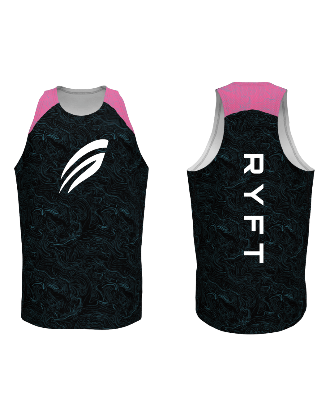 Two black athletic jerseys with pink shoulder accents, featuring a white logo on the front and the word "RYFT" vertically on the back.