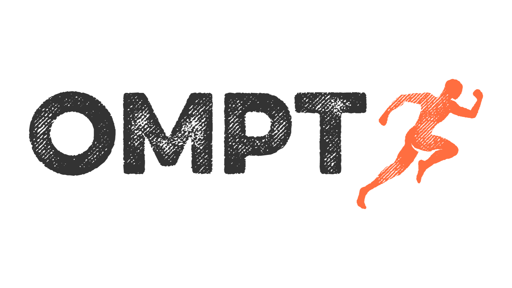 OMPT logo with an orange running figure to the right of the word 'OMPT' in black textured font