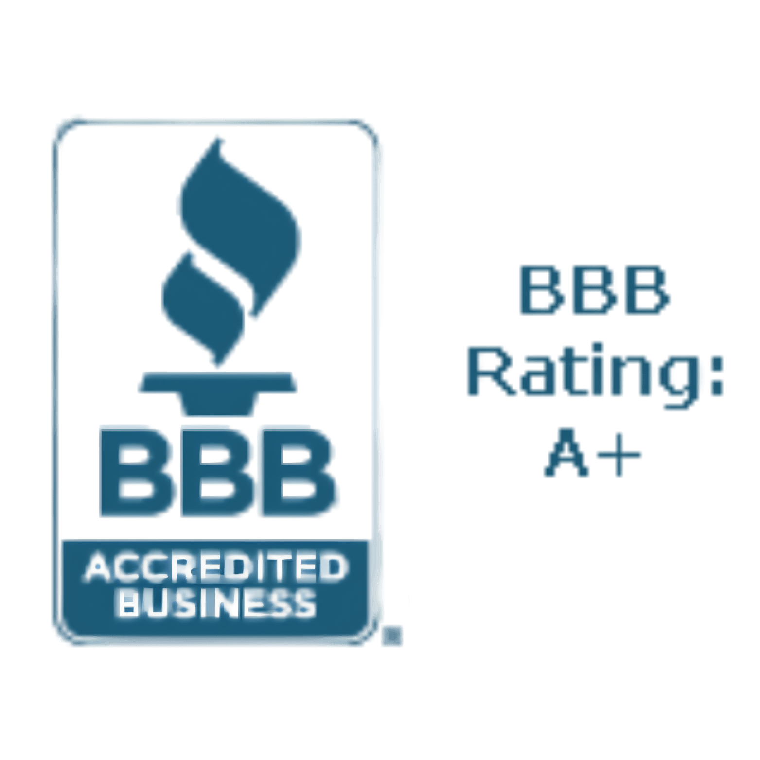 BBB accredited business logo with a flame symbol, and text indicating a BBB rating of A+.