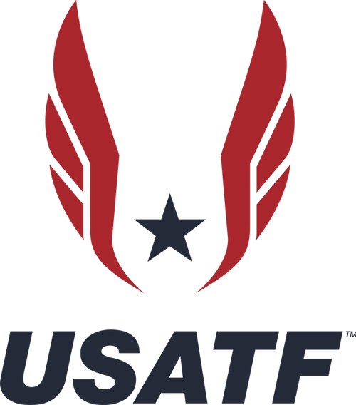 USATF logo with red stylized wings and a black star in the center, and the text "USATF" below.