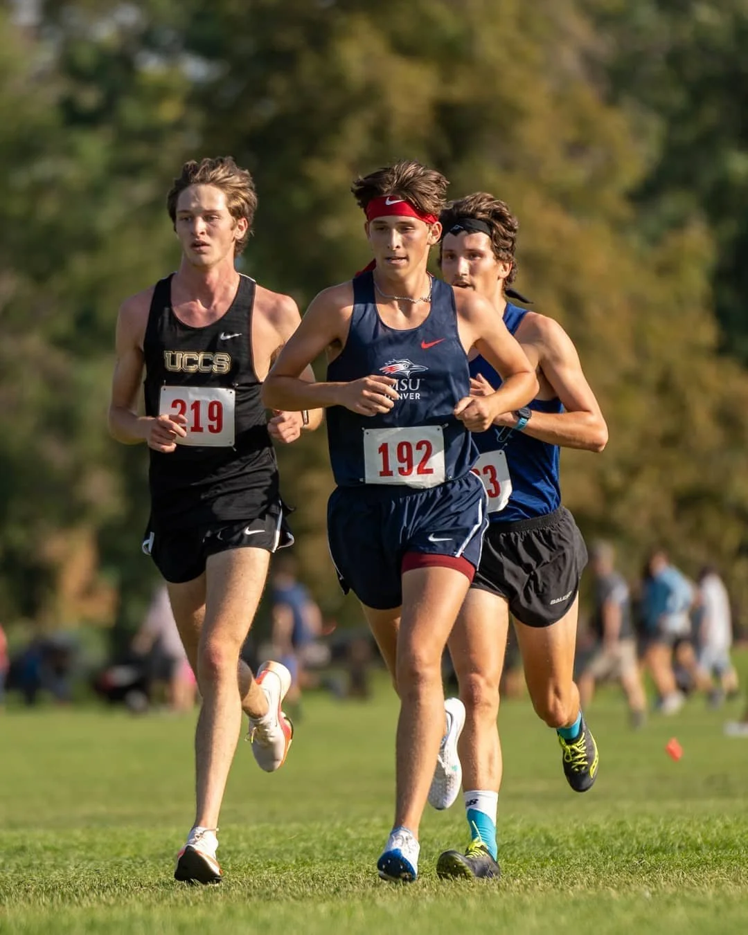 Three male collegiate runners competing in a cross-country race outdoors on a grassy field during daytime, with trees in the background.