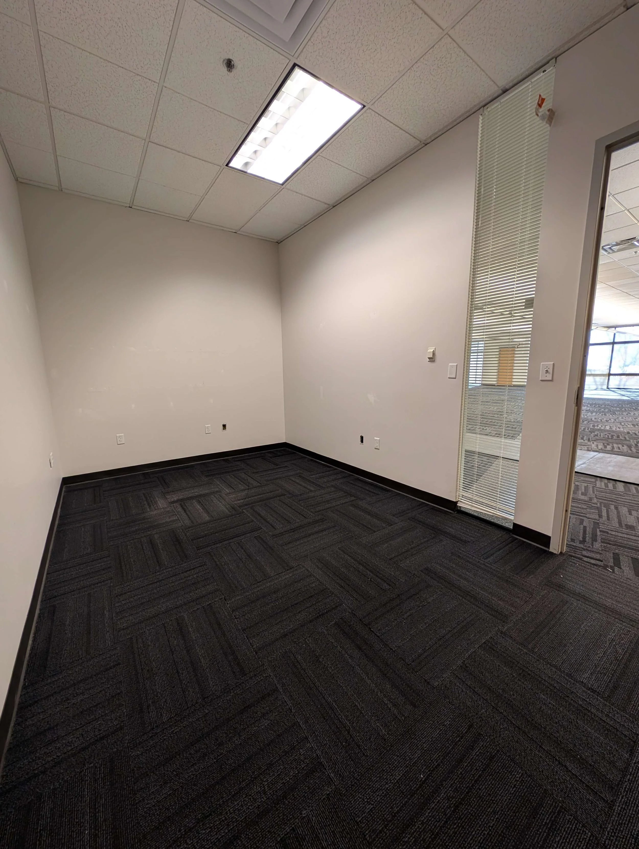Empty office room with white walls, dark carpet tiles, a ceiling with fluorescent lights, and a partially open door leading to a new space.