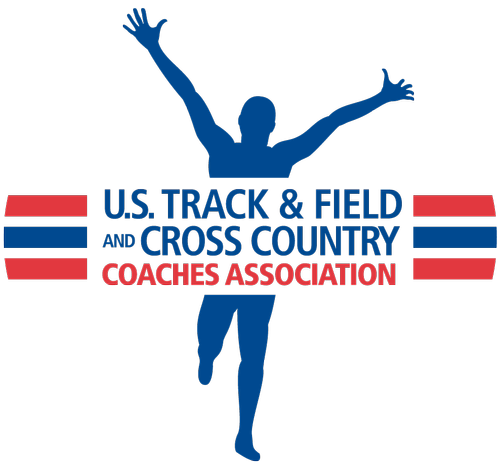Logo for U.S. Track & Field and Cross Country Coaches Association featuring a blue silhouette of a person with arms raised, and red and blue horizontal stripes beneath the text.