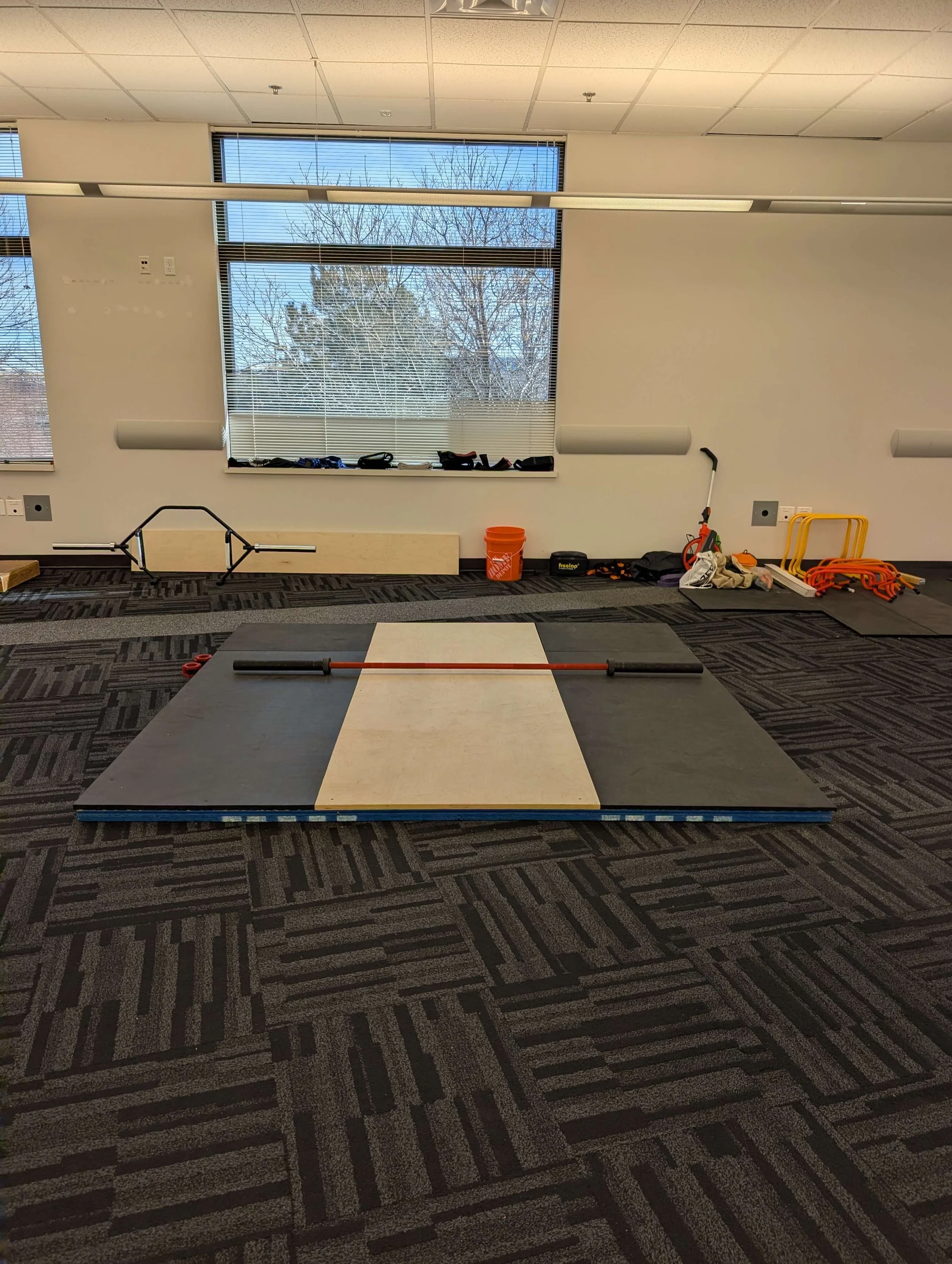 An empty fitness room with workout equipment, a large black and white mat on the floor, and windows showing a tree with bare branches outside.