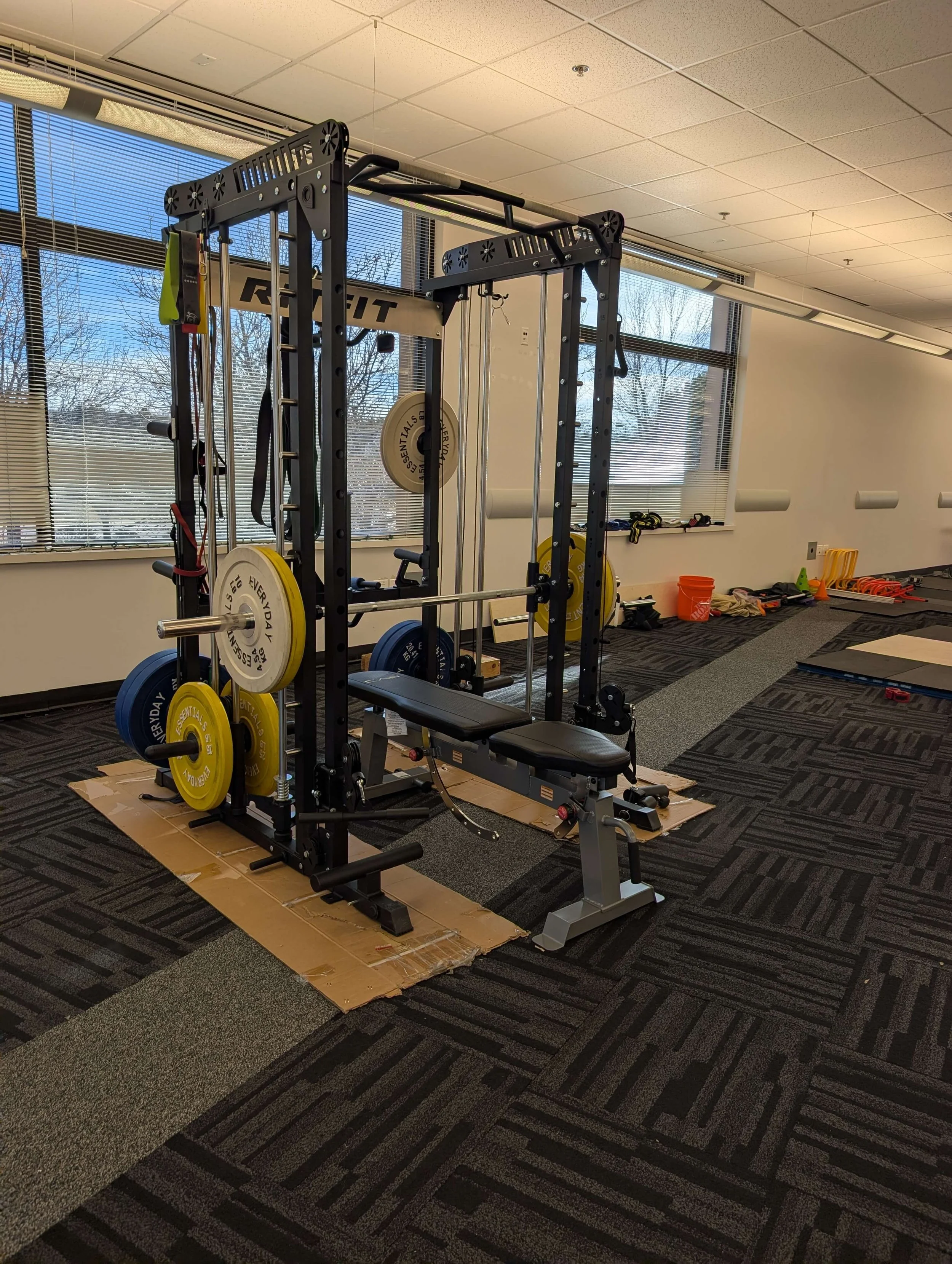 A weightlifting power rack with weight plates and a bench in a gym with large windows and black patterned carpet.