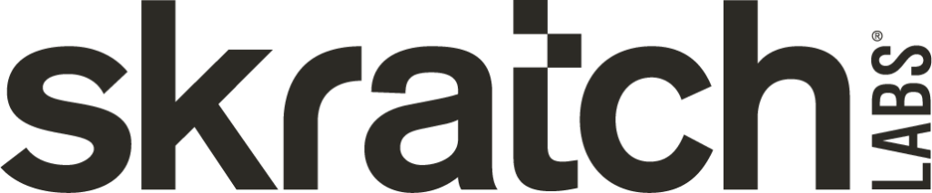 Close-up of the Skrach logo in large black letters on a white background.