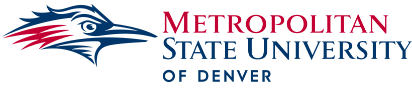 Logo of Metropolitan State University of Denver featuring a stylized eagle head and the university's name in red and blue text.