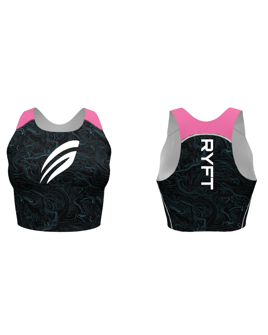 A black sports tank top with a marbled pattern, pink shoulder accents, and a white logo on the front. The back features the text 'RYFT' vertically and pink shoulder accents.