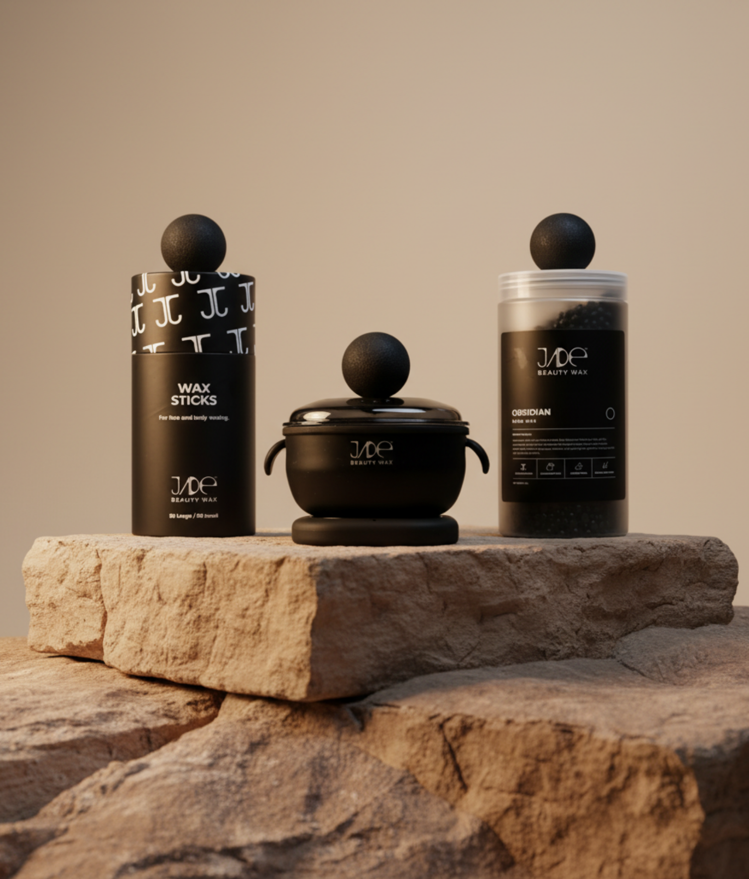 Three containers of wax products displayed on a stone surface, including wax sticks and jar-shaped wax, with a minimalist background.
