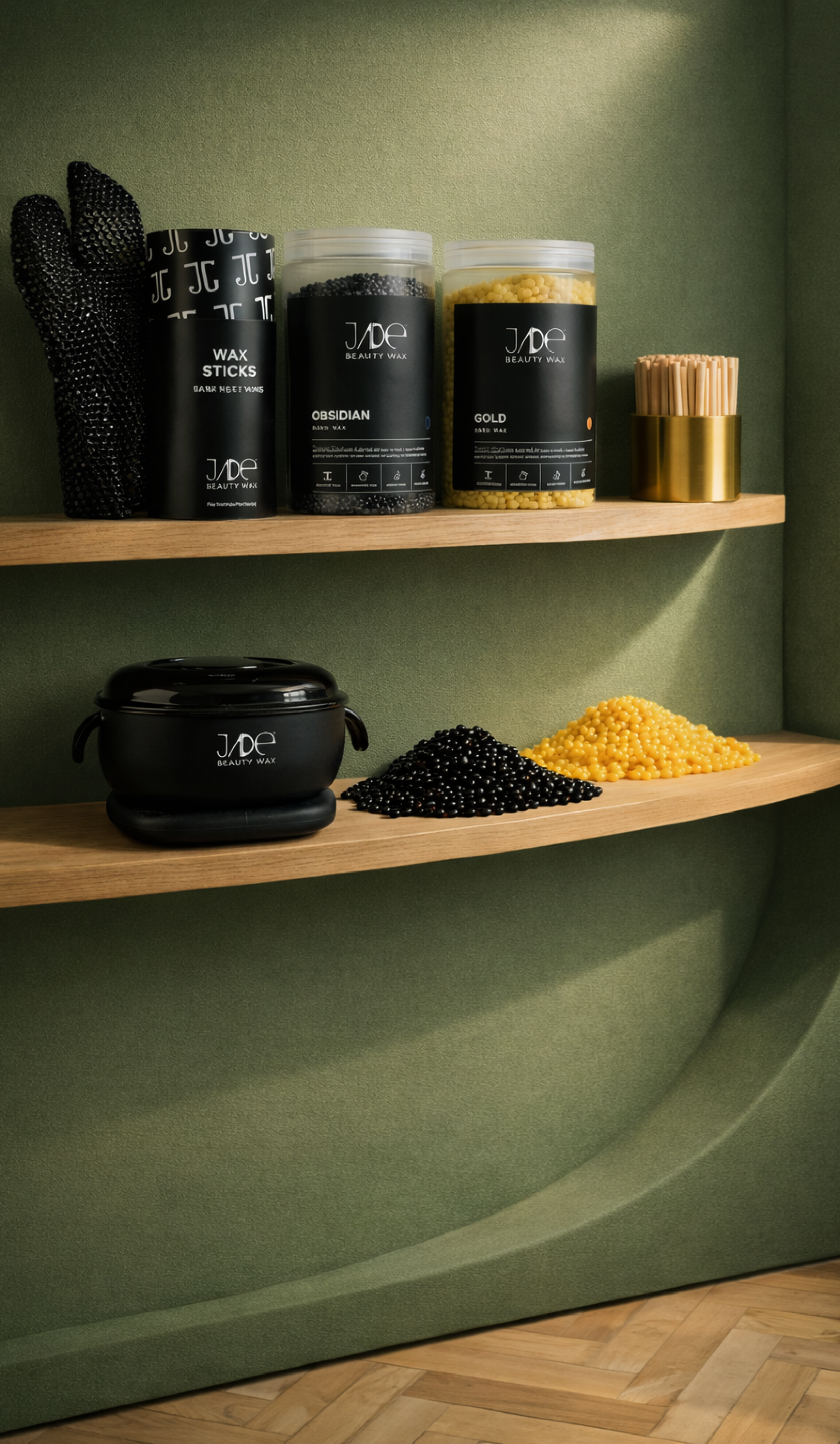 Display of black and yellow waxing supplies, including wax jars, applicator sticks, and black and yellow beads, on wooden shelves in a spa or salon.