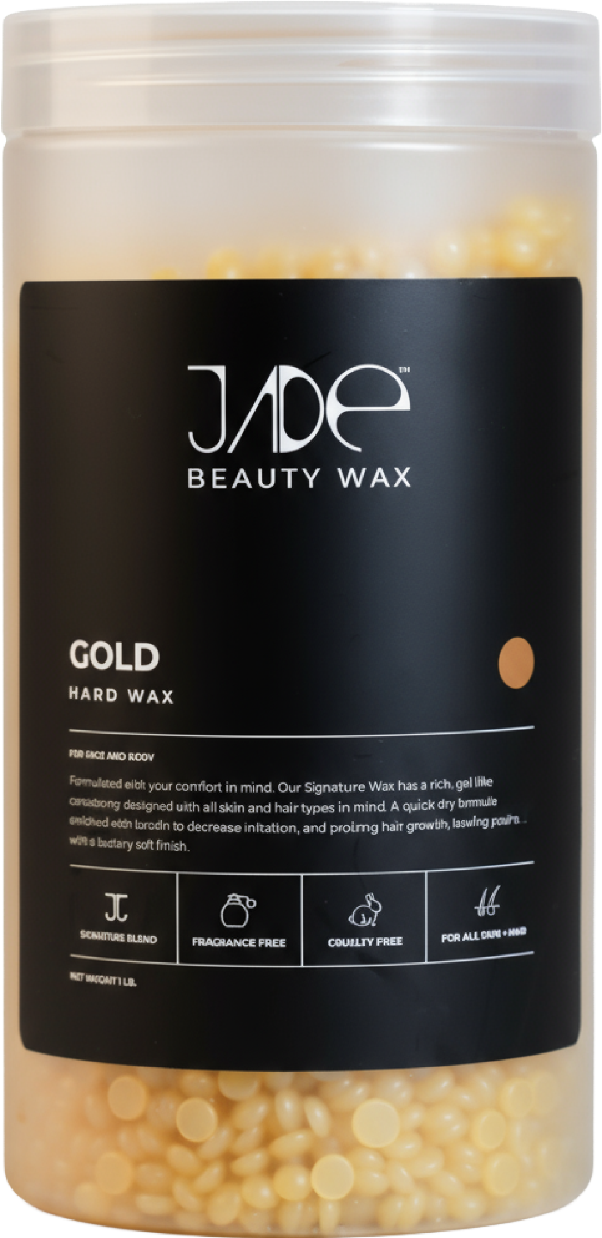 Container of Gold hard wax beads by Jae Beauty Wax, designed for sugaring and body waxing, fragrance-free, cruelty-free, suitable for all skin types.