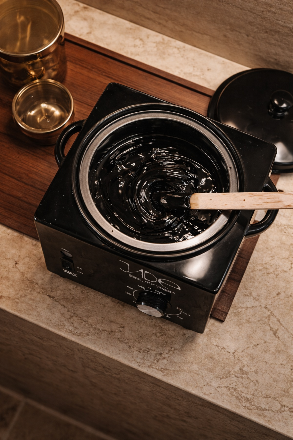 A black wax warmer with melted wax inside, a wooden stir stick in the wax, and two small metal cups on a wooden tray on a beige countertop.