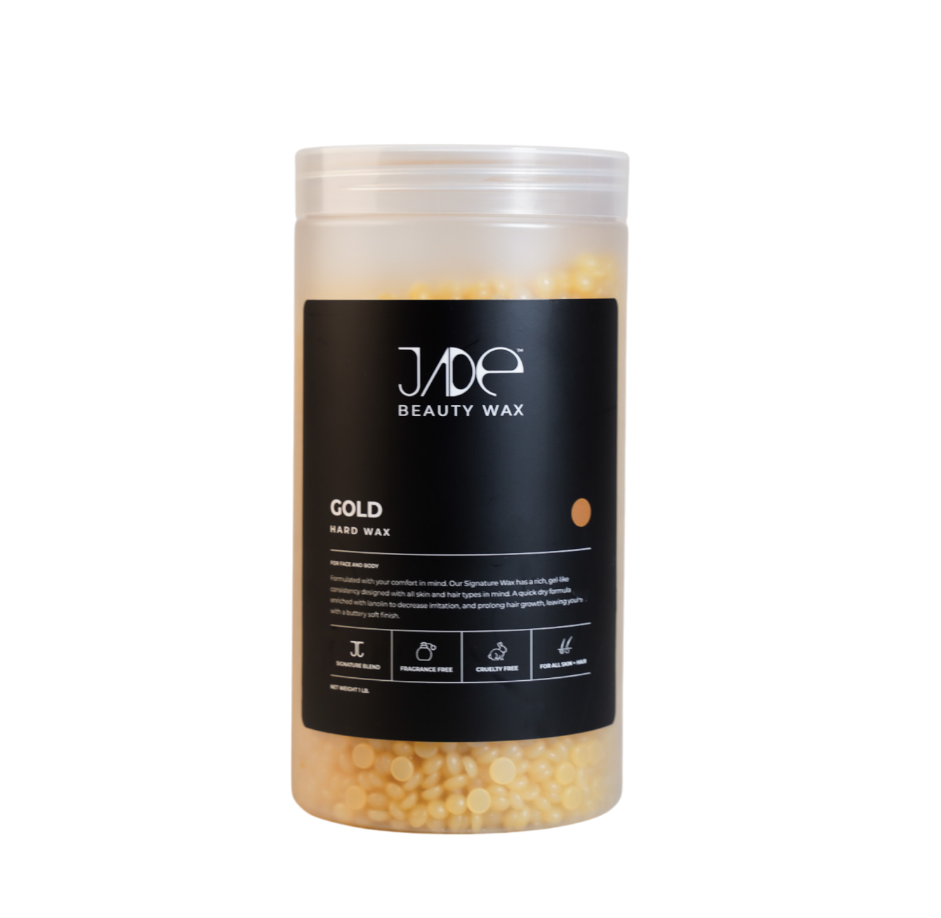 Container of Joe Beauty Wax Gold Hard Wax beads against a black background.