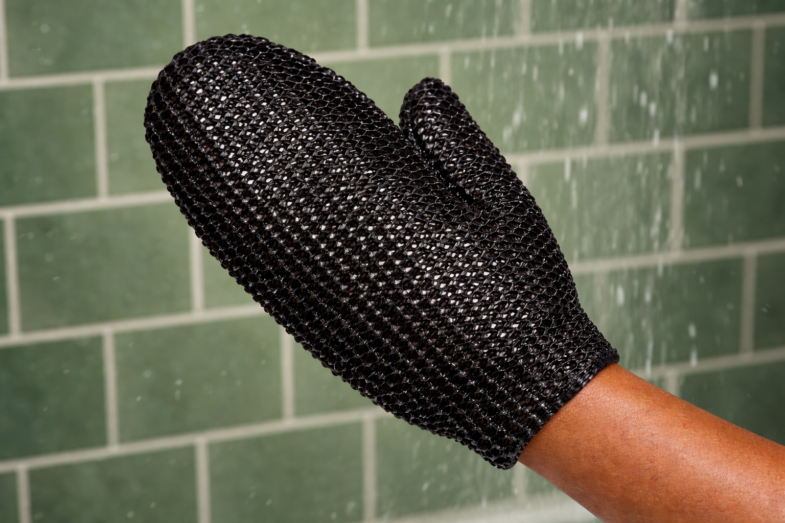 Close-up of a person wearing a black exfoliating glove in the shower with green tiled wall in the background.