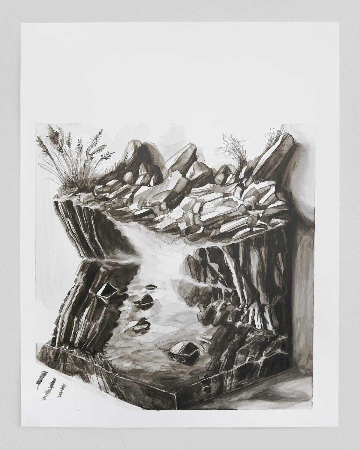 A black and white landscape painting by artist Elsie Kagan.