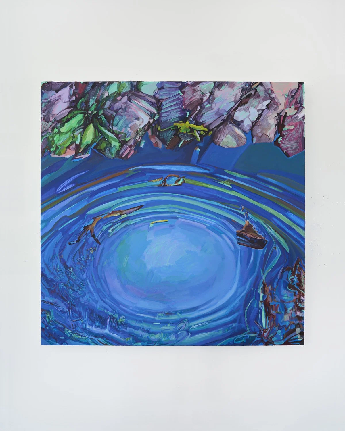 An abstract painting of a water body with rocks , using bold strokes by artist Elsie Kagan.