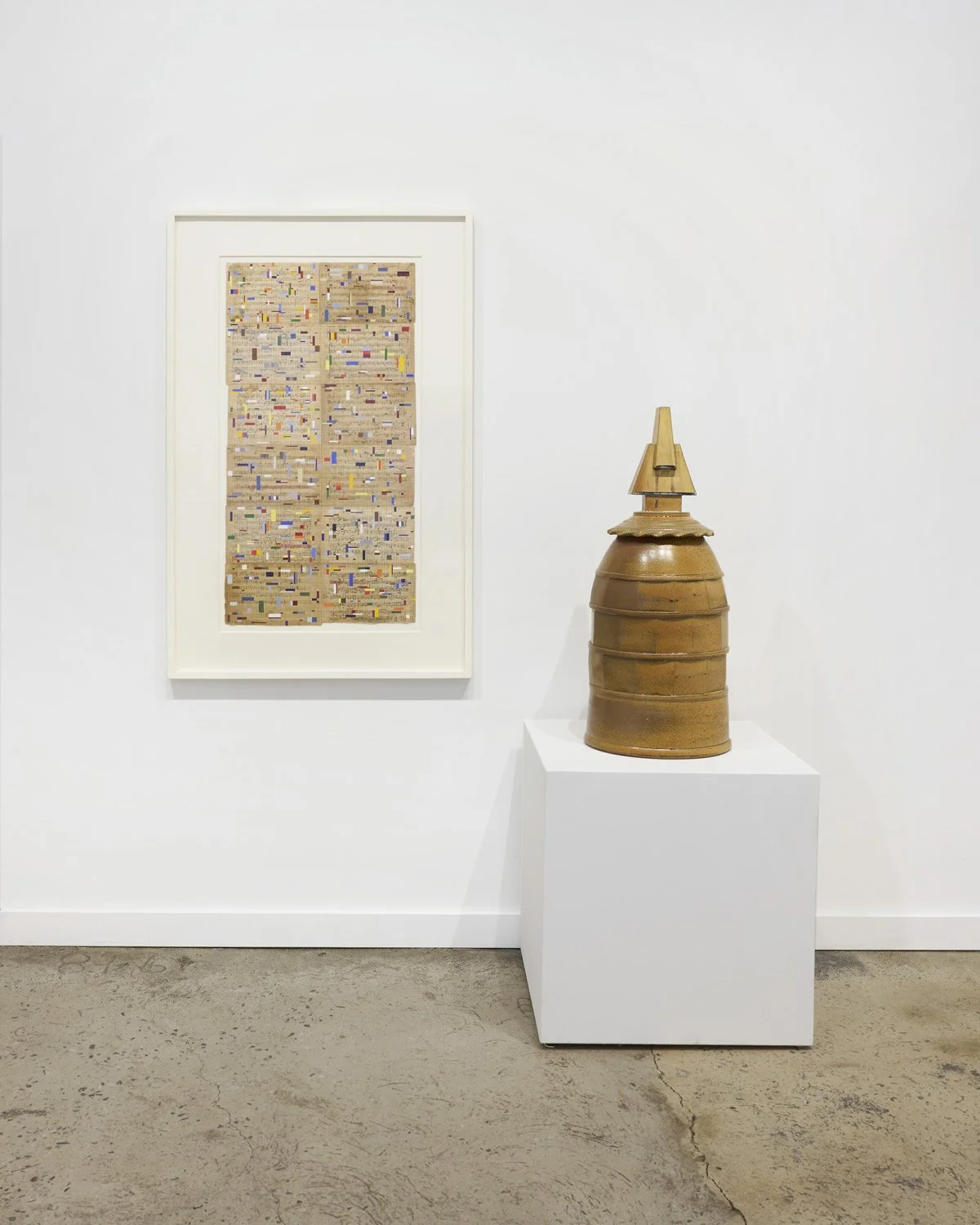 Framed drawing and ceramic sculpture by Douglass Navarra at 68 Prince Street Gallery, Kingston NY.