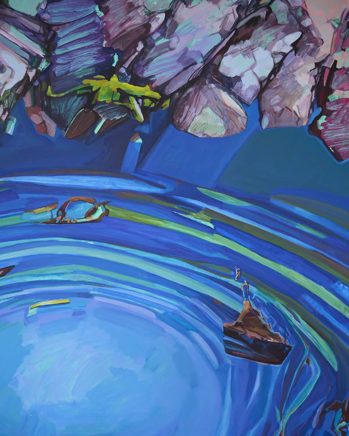 An abstract painting of a water body with rocks , using bold strokes by artist Elsie Kagan.