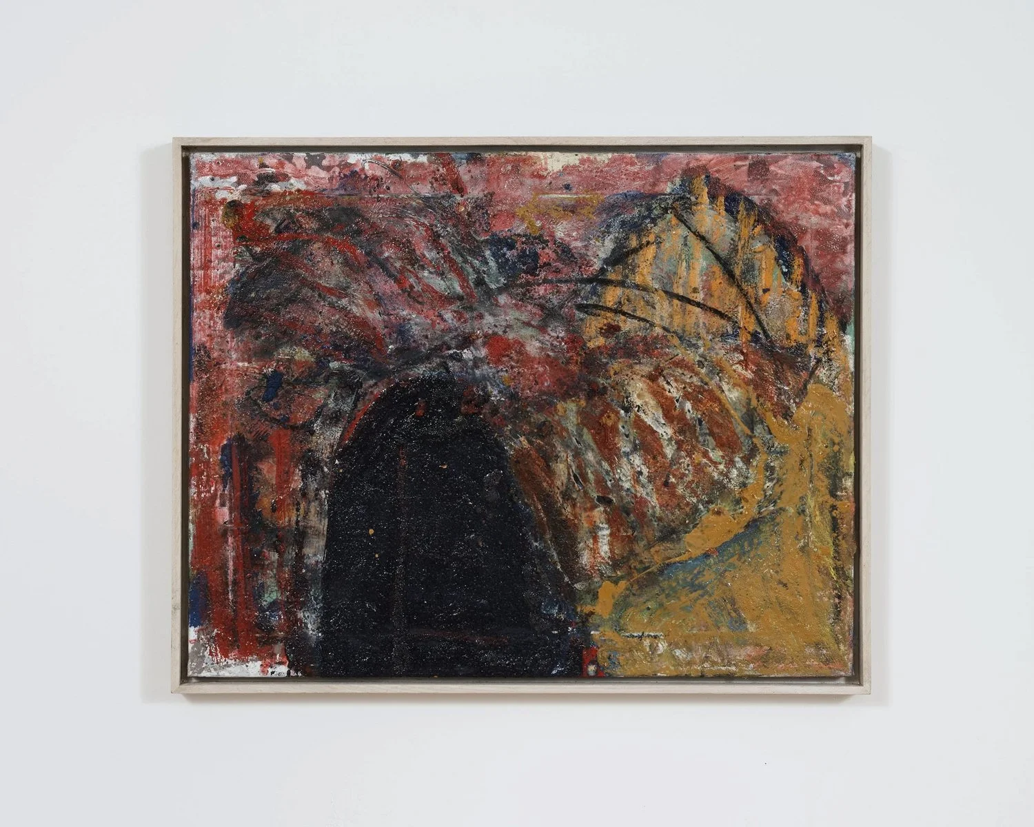 Abstract painting with bold red, yellow, black, and purple colors, featuring a dark central arch and dynamic brushstrokes.