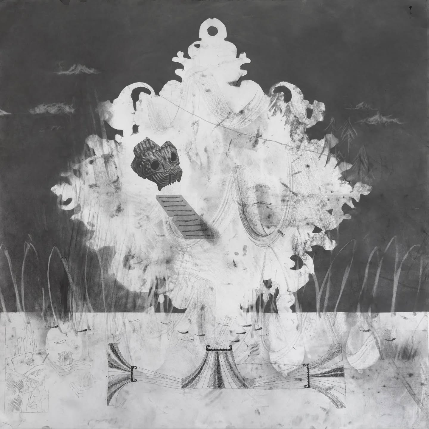 'Curio' by Andy Gomez invites the viewer into a dense, speculative landscape of objects, fragments, and symbolic forms. Built through meticulous mark-making and subtle erasures, the work unfolds as a spectral diorama, part archaeological display, par