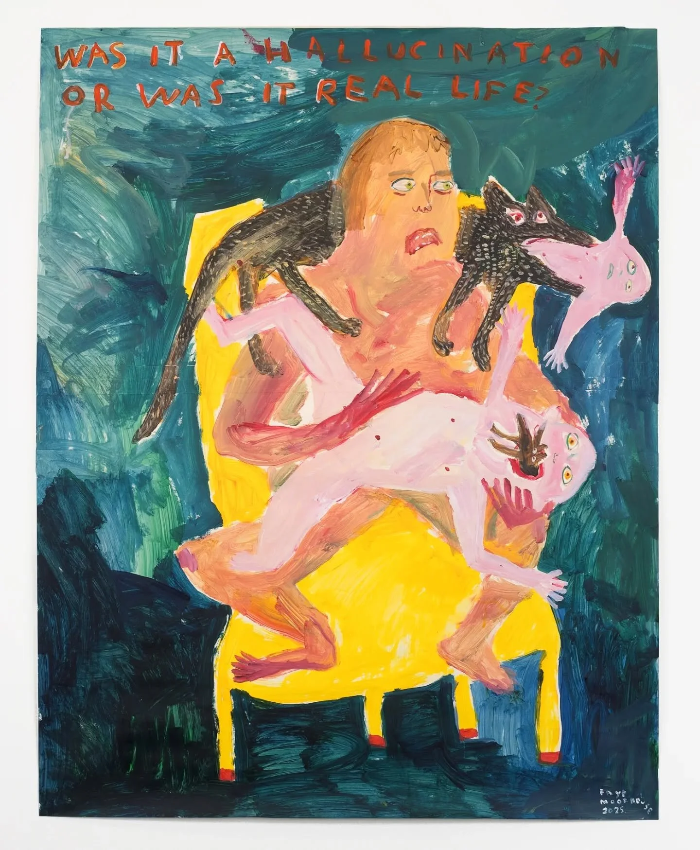 'Was it a hallucination or was it real life' by Faye Moorhouse reflects the artist&rsquo;s ongoing exploration of the strange, darkly humorous narratives that emerge from everyday experience. Moorhouse&rsquo;s practice often draws on personal memorie