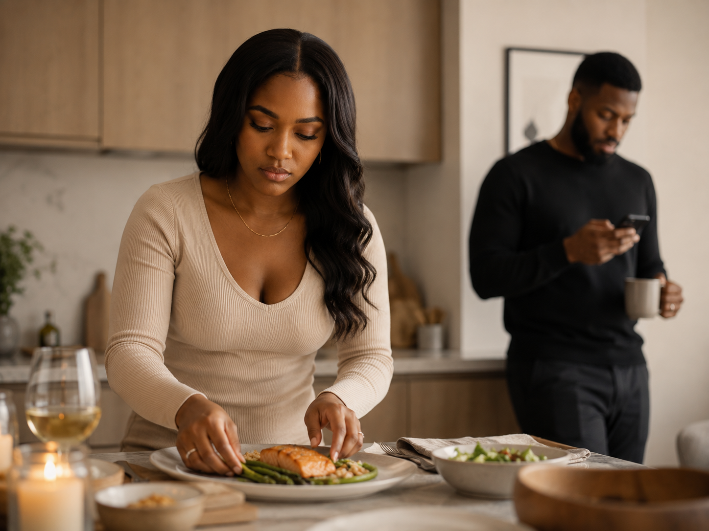 emotionally involved woman prepares dinner for emotionally distant man