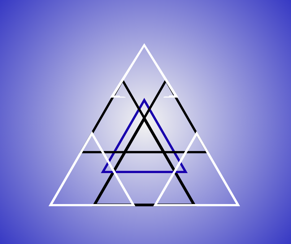 Abstract geometric design featuring overlapping white, black, and blue triangles on a blue gradient background.
