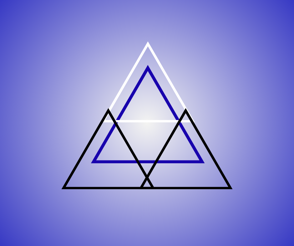 Geometric design featuring overlapping triangles in black, blue, and white on a blue gradient background.