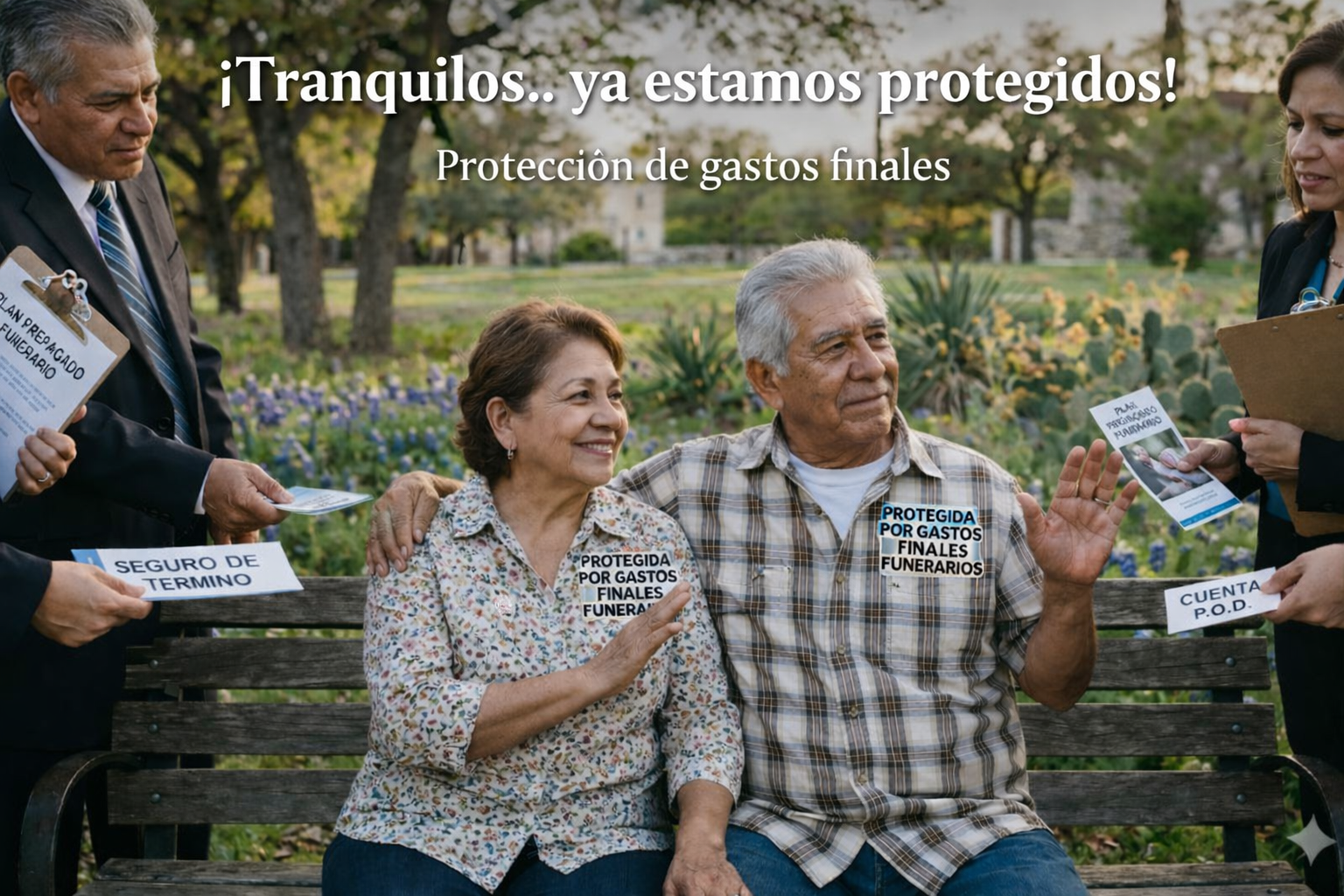 foto que muestra como una pareja en un paque de Texas se sientan tranquilos  mientras vendedores esta intentado pero ellos ya tienen la proteccion de gastos finales funerarios.