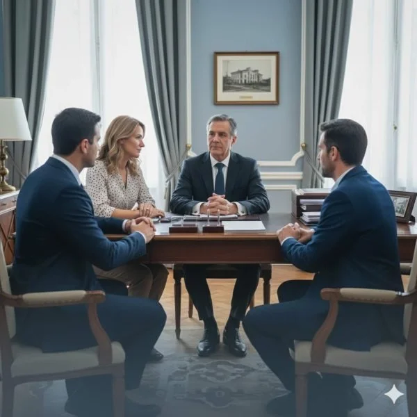 Agente de seguros y familia discutiendo la solidez financiera de un plan de gastos finales en Utah para garantizar el pago de servicios funerarios.