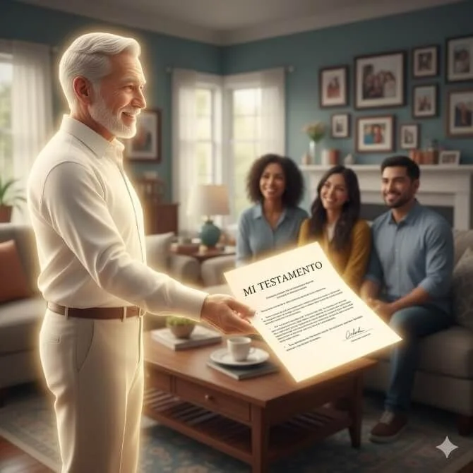 Padre latino entregando testamento a su familia, concepto de planificación de gastos finales y legado familiar.
