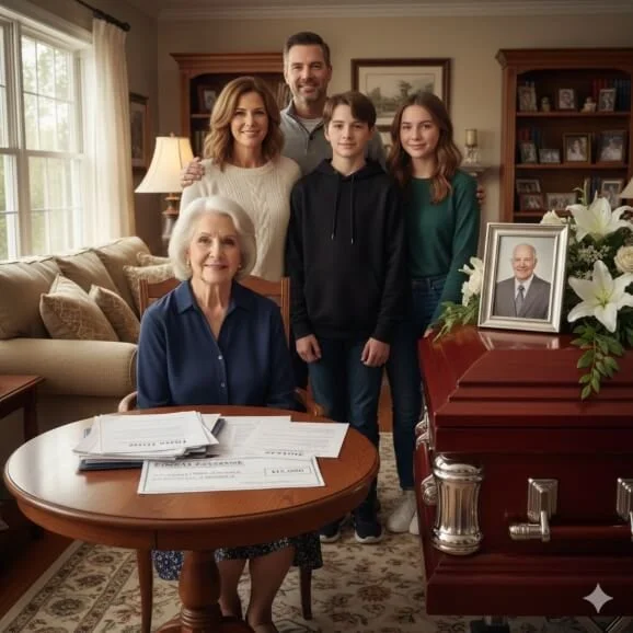 Viuda y familia latina en Utah revisando documentos de gastos finales junto al ataúd, representando la importancia de tener un seguro de funeral para evitar deudas familiares.