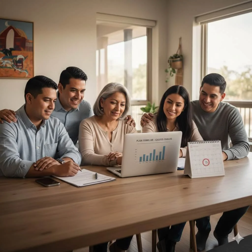 Familia hispana en USA informándose sobre seguros de gastos finales y protección funeraria. Preparando el Funeral, Sepelio, Transportacion, repatracion