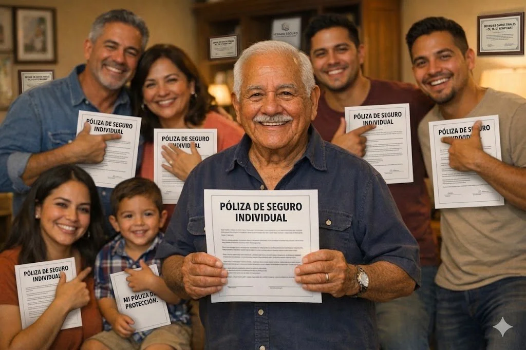 "Familia latina multigeneracional feliz con su póliza de seguro de gastos finales. El abuelo protege a sus hijos y nietos de los gastos de funeral."