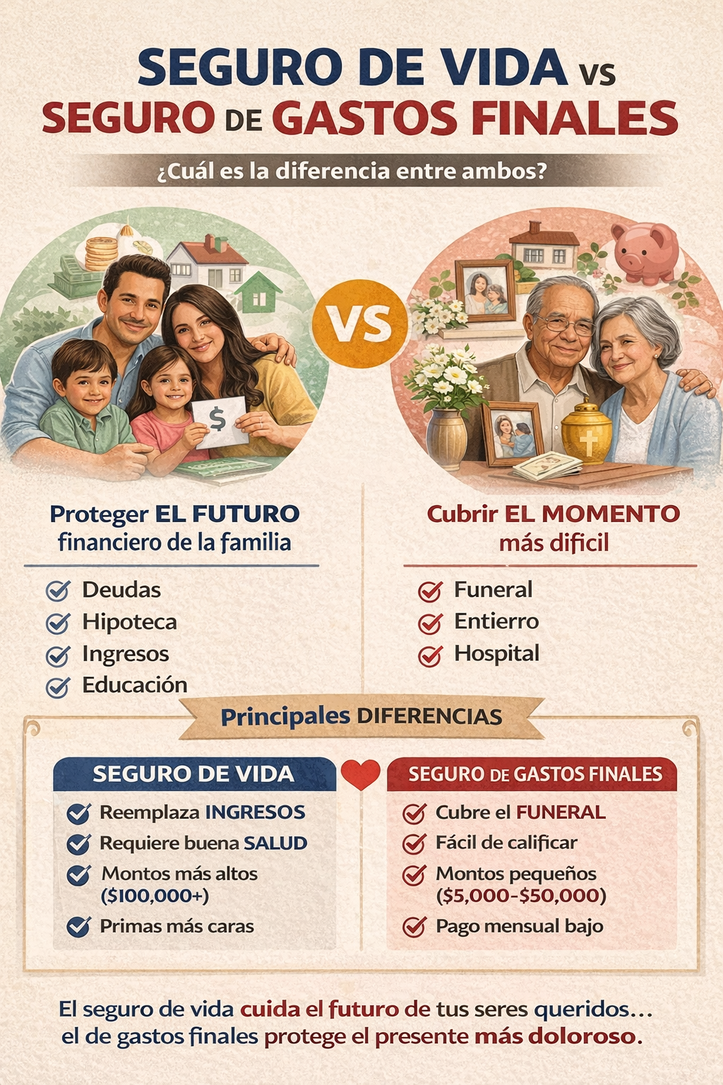 Muestra la diferencia entre un seguro de vida y el seguro de gastos finales funerarios. infografia.