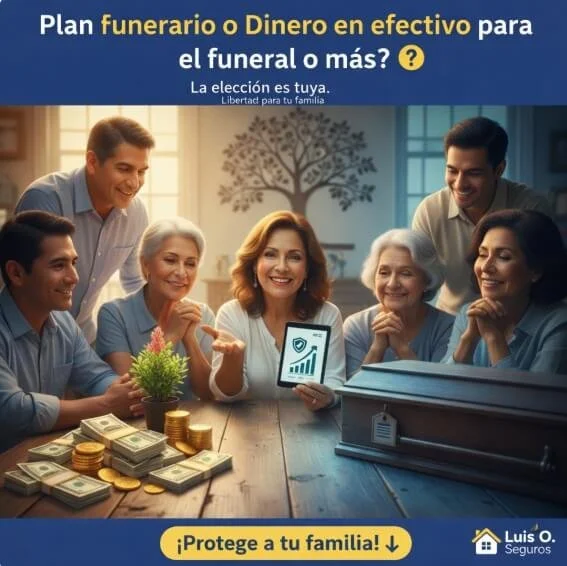 Comparativa visual entre seguro de gastos finales y contrato funerario prepagado para familias hispanas. Imagen que destaca la flexibilidad del efectivo para repatriación y servicios funerarios frente a planes restrictivos en Estados Unidos.