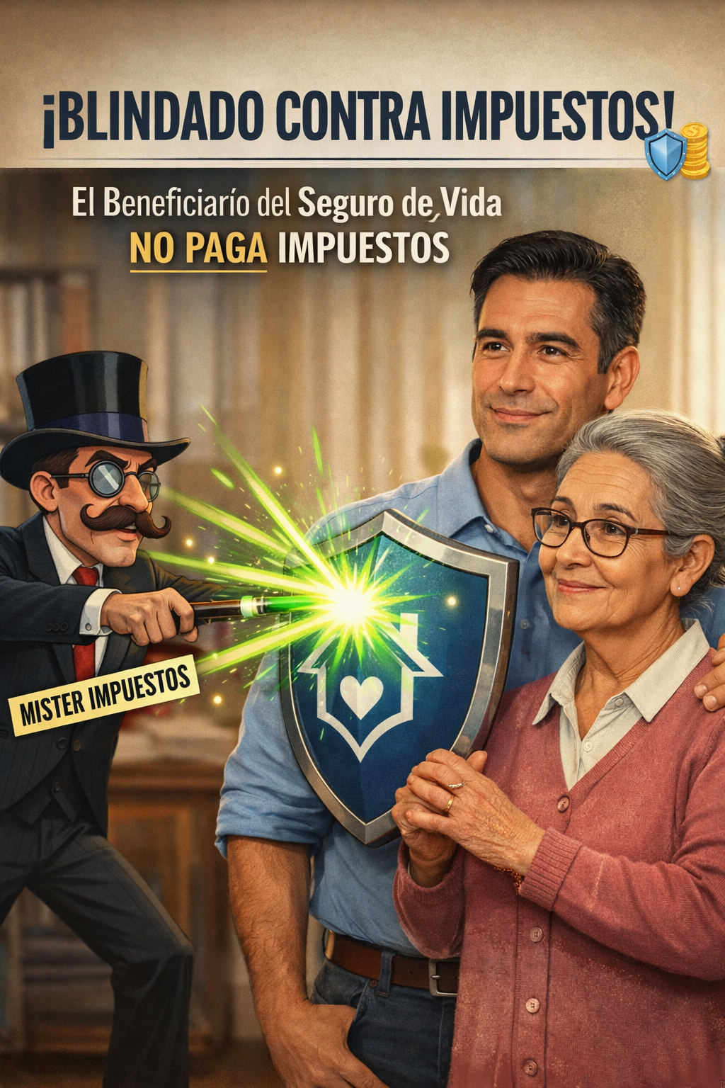 imagen muestra que habia comprado un seguro de gastos finales funerarios y se ve a su hijo  con  un escudo  y es atacado por un rayo que representa a los impuestos/taxes que no tiene que pagar y el tedria dinero para pagar el funeral, cremacion .