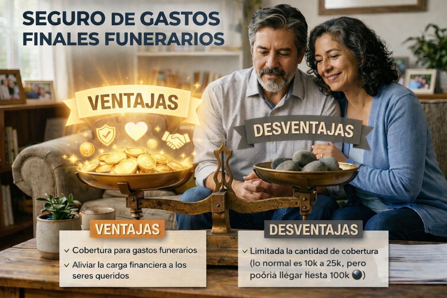 Infografía visual de pros y contras: Una balanza muestra que las ventajas de un seguro de entierro sin examen médico son mayores que sus desventajas para una pareja de mediana edad.