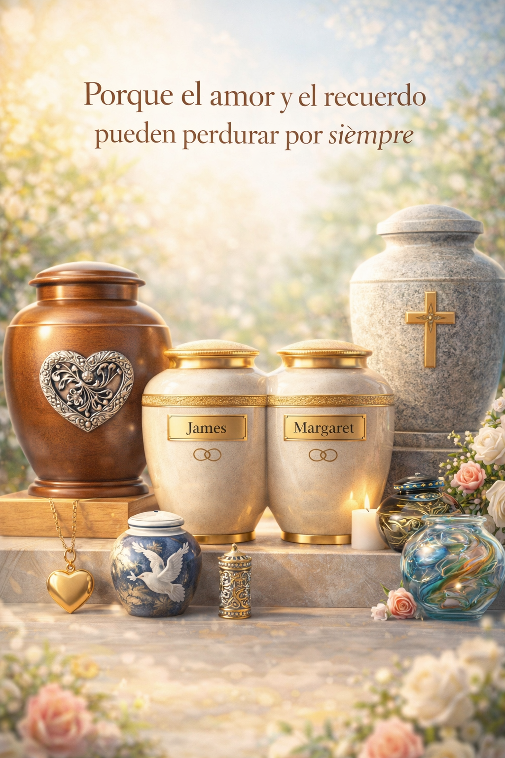 Mostrando diferentes tipos de urnas dependiendo de donde va a esta dispuesta, e incluso muestra joyas personales para llevar contigo restos en estas joyas. Y todo se puede pagar gracias a los Gastos Finales Funerarios en Texas en USA.